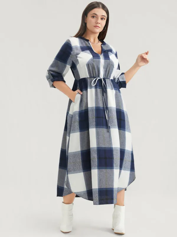 Plaid Roll Sleeve Pocket Ties Up Zipper Arc Hem Dress sold by Bloomchic