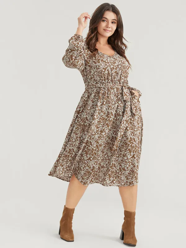 Ditsy Floral Lantern Sleeve Pocket Belted Dress sold by Bloomchic