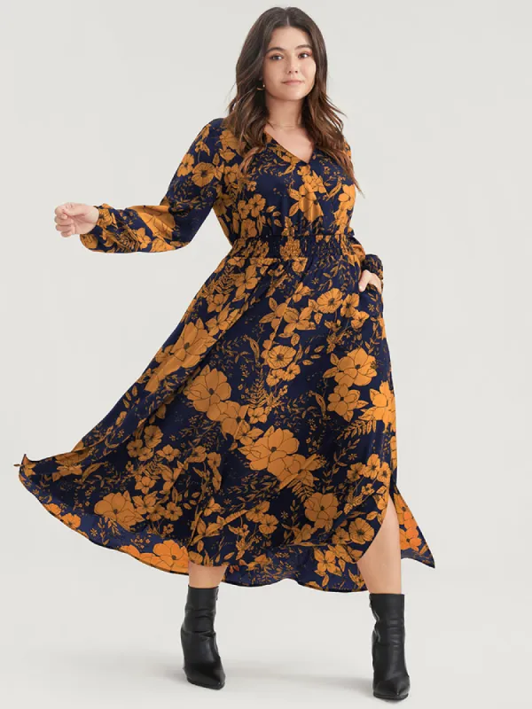 Floral Print Pocket Wrap Lantern Sleeve Split Hem Dress made by Bloomchic