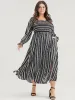 Striped Square Neck Lantern Sleeve Pocket Shirred Split Dress sold by Bloomchic