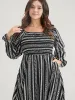 Striped Square Neck Lantern Sleeve Pocket Shirred Split Dress sold by Bloomchic