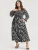 Striped Square Neck Lantern Sleeve Pocket Shirred Split Dress sold by Bloomchic