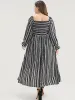 Striped Square Neck Lantern Sleeve Pocket Shirred Split Dress sold by Bloomchic