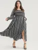 Striped Square Neck Lantern Sleeve Pocket Shirred Split Dress sold by Bloomchic