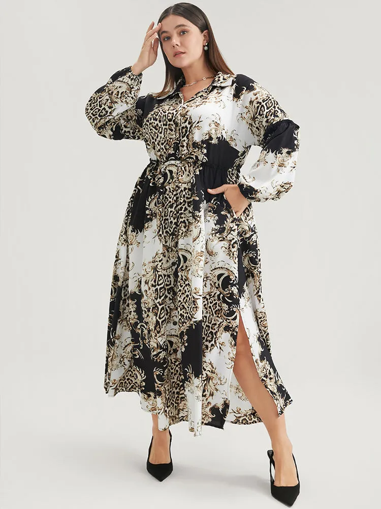 Leopard Pocket Button Detail Lantern Sleeve Split Dress sold by Bloomchic