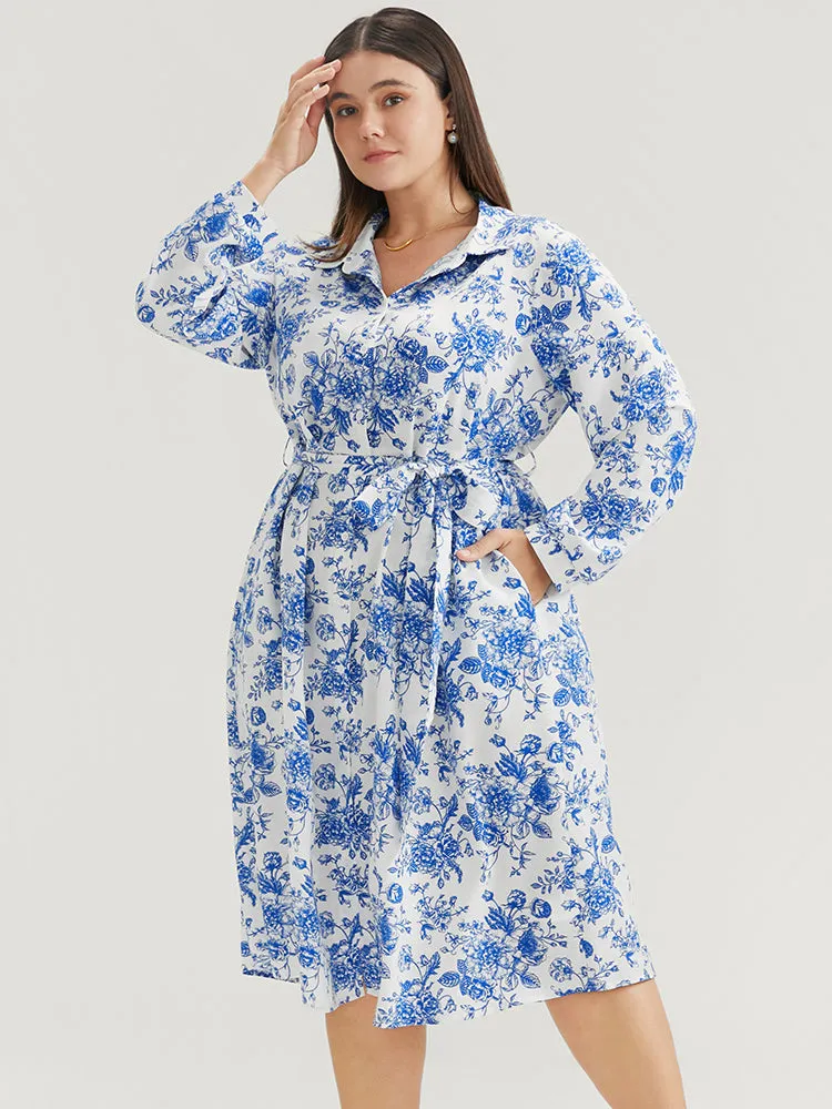 Floral Button Up Pocket Belted Lapel Collar Dress sold by Bloomchic product image thumbnail 4