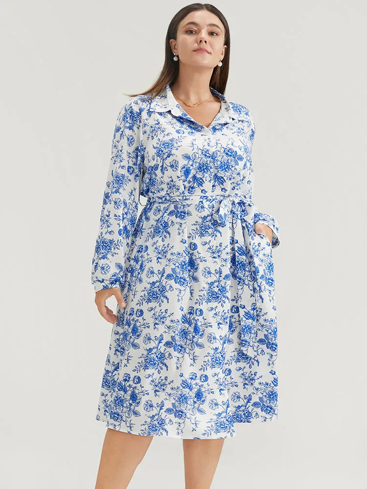Floral Button Up Pocket Belted Lapel Collar Dress sold by Bloomchic