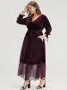 Solid Pocket Contrast Lace Scalloped Trim Belted Velvet Dress sold by Bloomchic