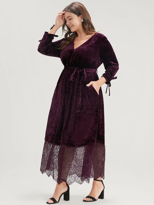 Solid Pocket Contrast Lace Scalloped Trim Belted Velvet Dress sold by Bloomchic