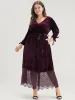 Solid Pocket Contrast Lace Scalloped Trim Belted Velvet Dress sold by Bloomchic