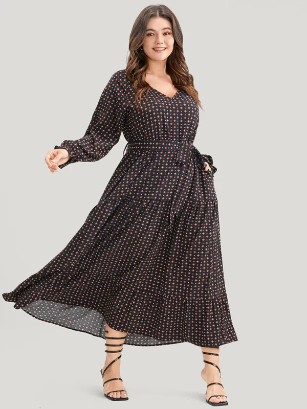 Geometric Belted Lantern Sleeve Pocket Ruffle Tiered Dress sold by Bloomchic