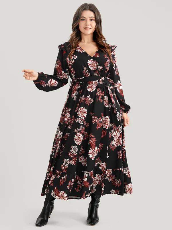Floral Belted Wrap Pocket Lantern Sleeve Split Flutter Dress sold by Bloomchic