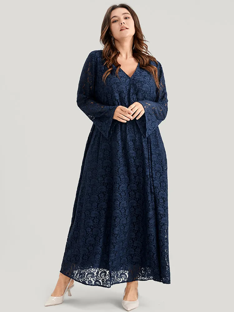 Solid Bell Sleeve Split Hem Lace Wrap Maxi Dress sold by Bloomchic product image thumbnail 3