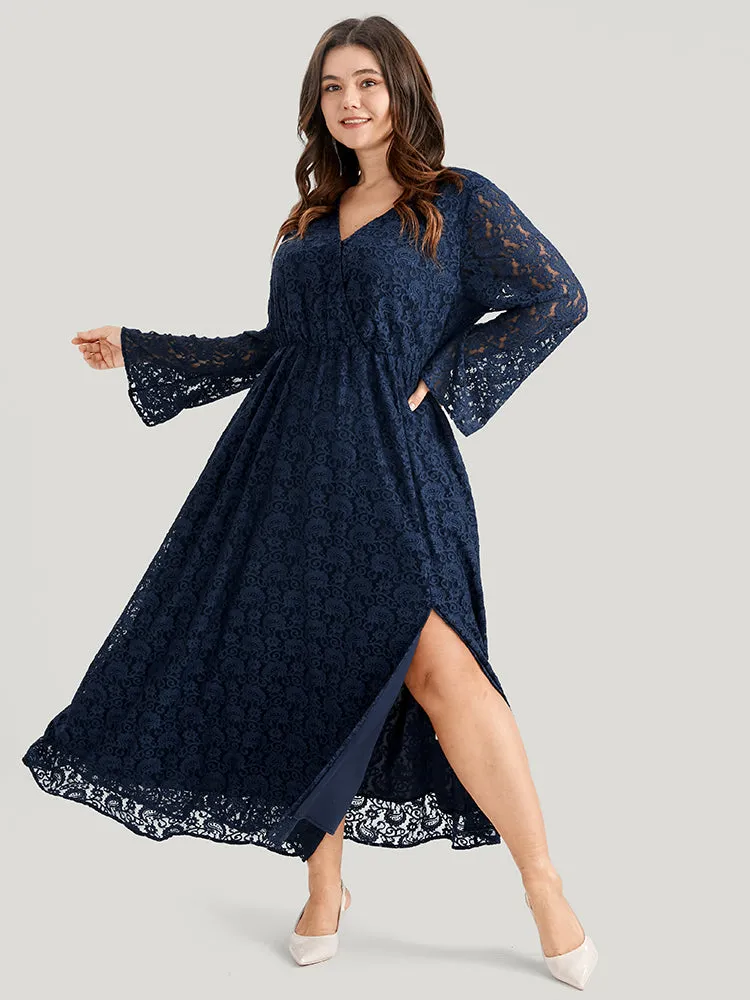 Solid Bell Sleeve Split Hem Lace Wrap Maxi Dress sold by Bloomchic