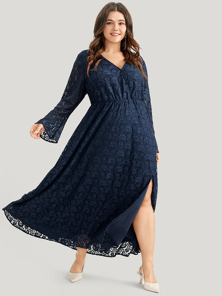 Solid Bell Sleeve Split Hem Lace Wrap Maxi Dress sold by Bloomchic product image thumbnail 2