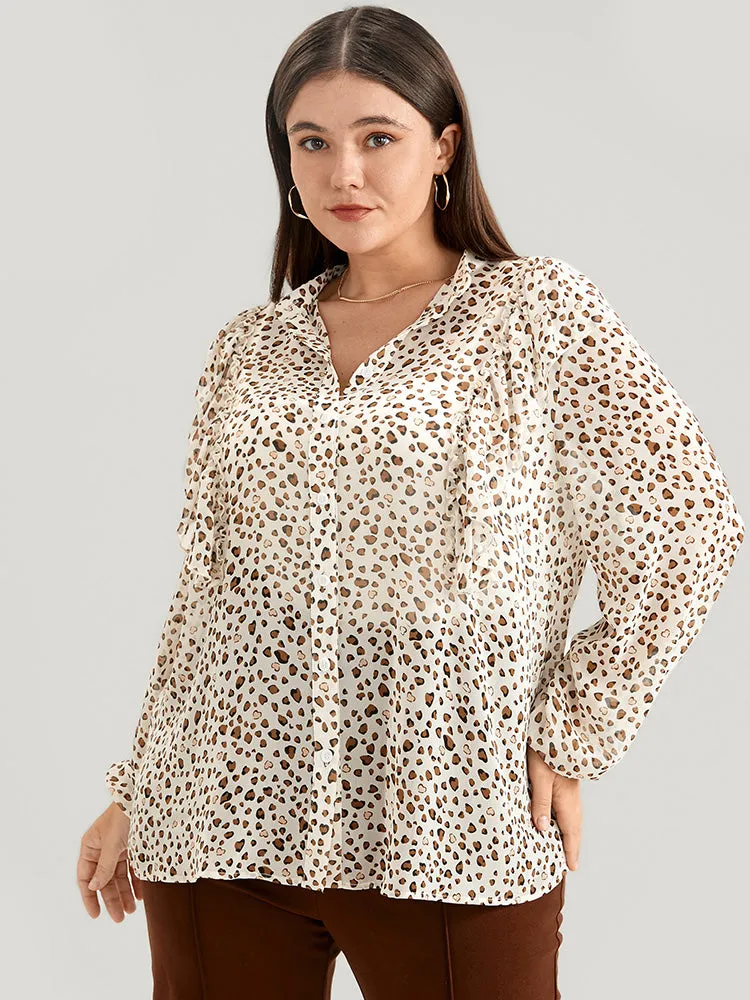 Leopard Mesh Ruffle Trim Button Up Blouse sold by Bloomchic
