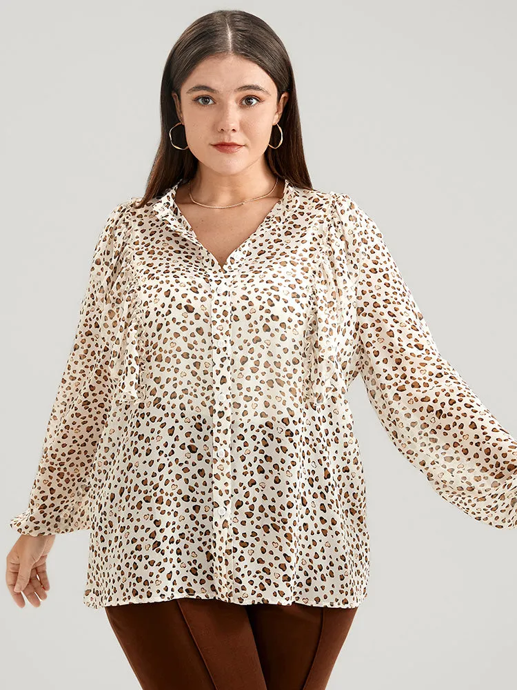 Leopard Mesh Ruffle Trim Button Up Blouse sold by Bloomchic product image thumbnail 5