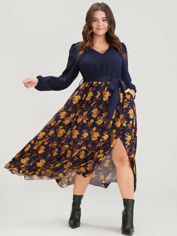 Floral Split Lantern Sleeve Pocket Flutter Belted Dress sold by Bloomchic