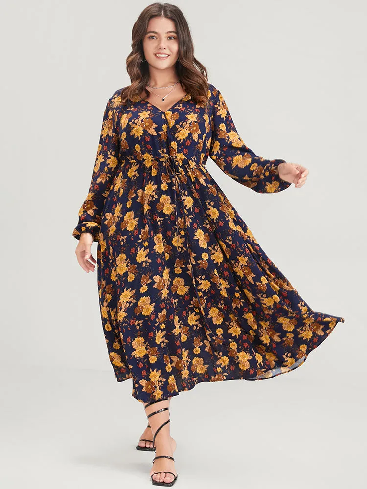 Floral Lantern Sleeve Pocket Ties Up Wrap Flutter Dress sold by Bloomchic