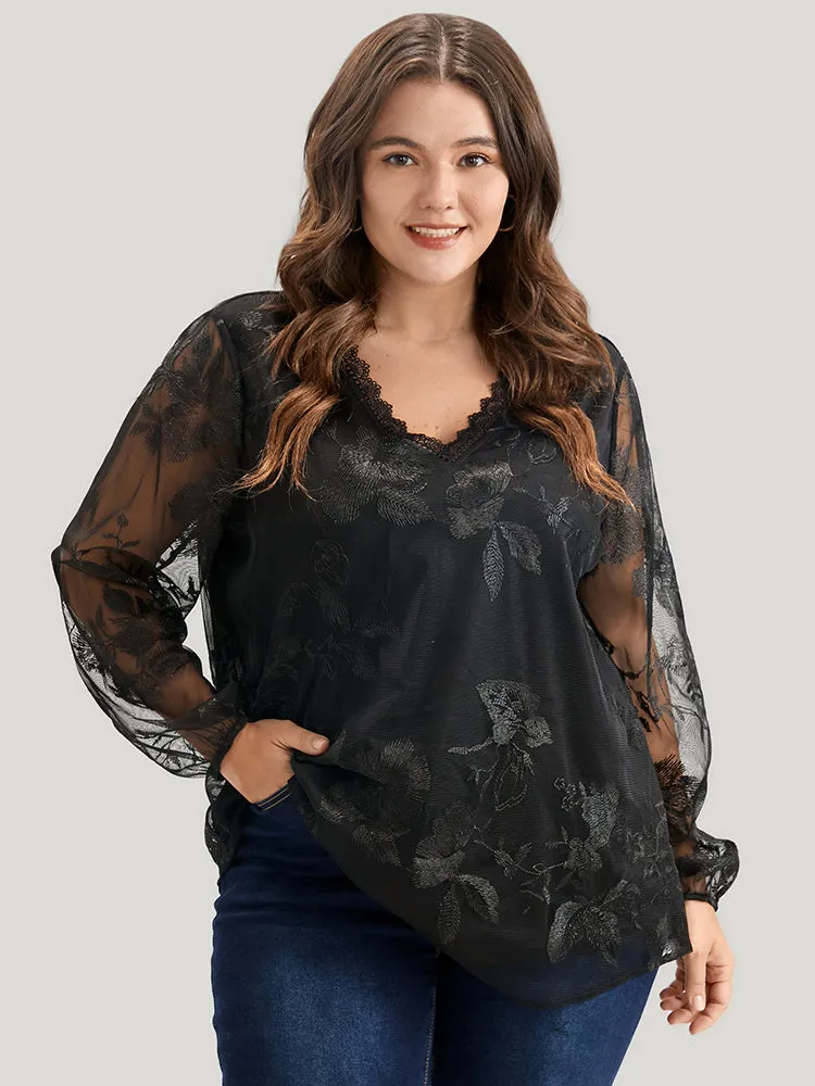 Floral Lace Mesh Lantern Sleeve Blouse sold by Bloomchic product image thumbnail 3