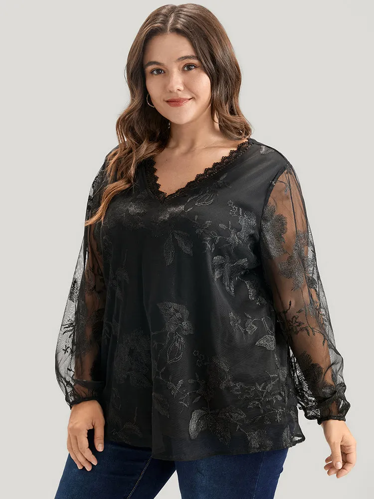 Floral Lace Mesh Lantern Sleeve Blouse sold by Bloomchic product image thumbnail 5