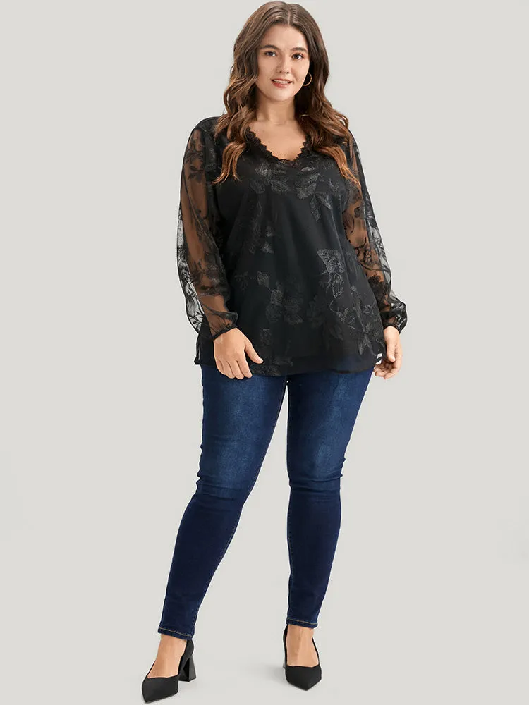 Floral Lace Mesh Lantern Sleeve Blouse sold by Bloomchic product image thumbnail 2