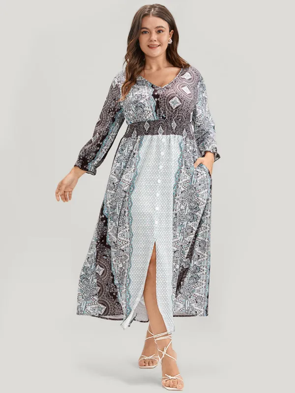 Bandana Pocket Shirred Button Detail Split Dress sold by Bloomchic