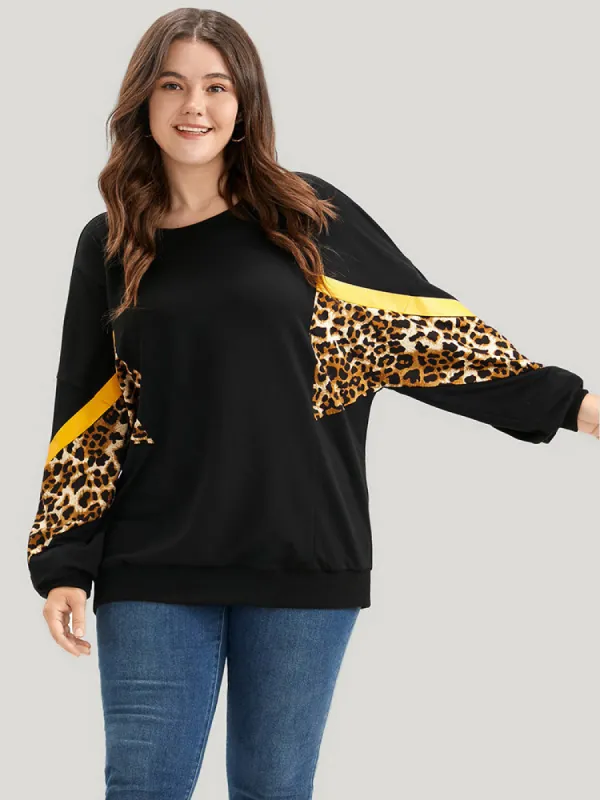 Leopard Patchwork Contrast Lantern Sleeve Sweatshirt sold by Bloomchic