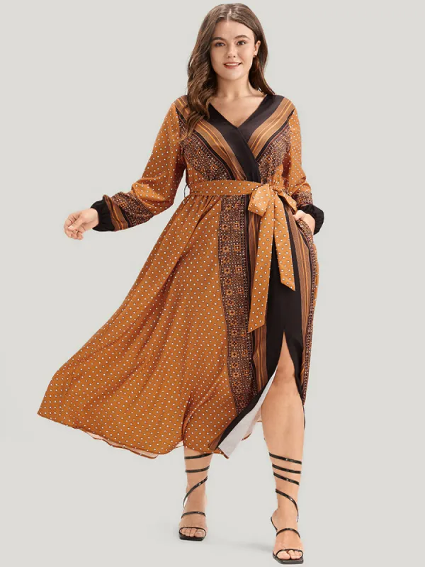 Geometric Split Pocket Belted Wrap Lantern Sleeve Dress sold by Bloomchic