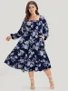 Floral Square Neck Lantern Sleeve Pocket Button Detail  Dress sold by Bloomchic