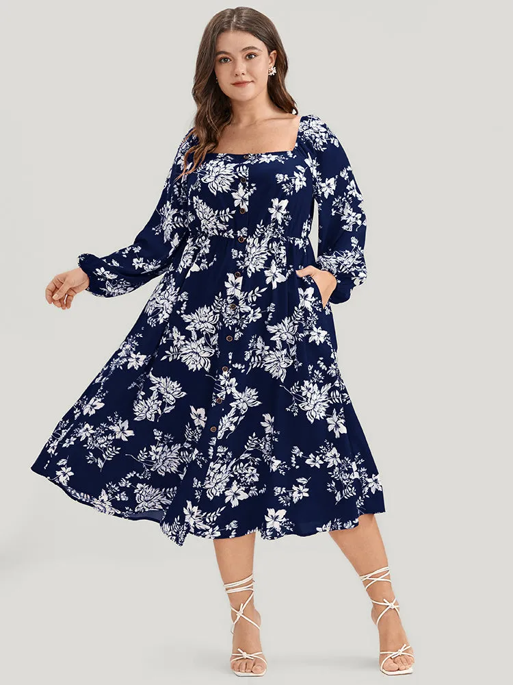 Floral Square Neck Lantern Sleeve Pocket Button Detail Dress sold by Bloomchic product image thumbnail 3