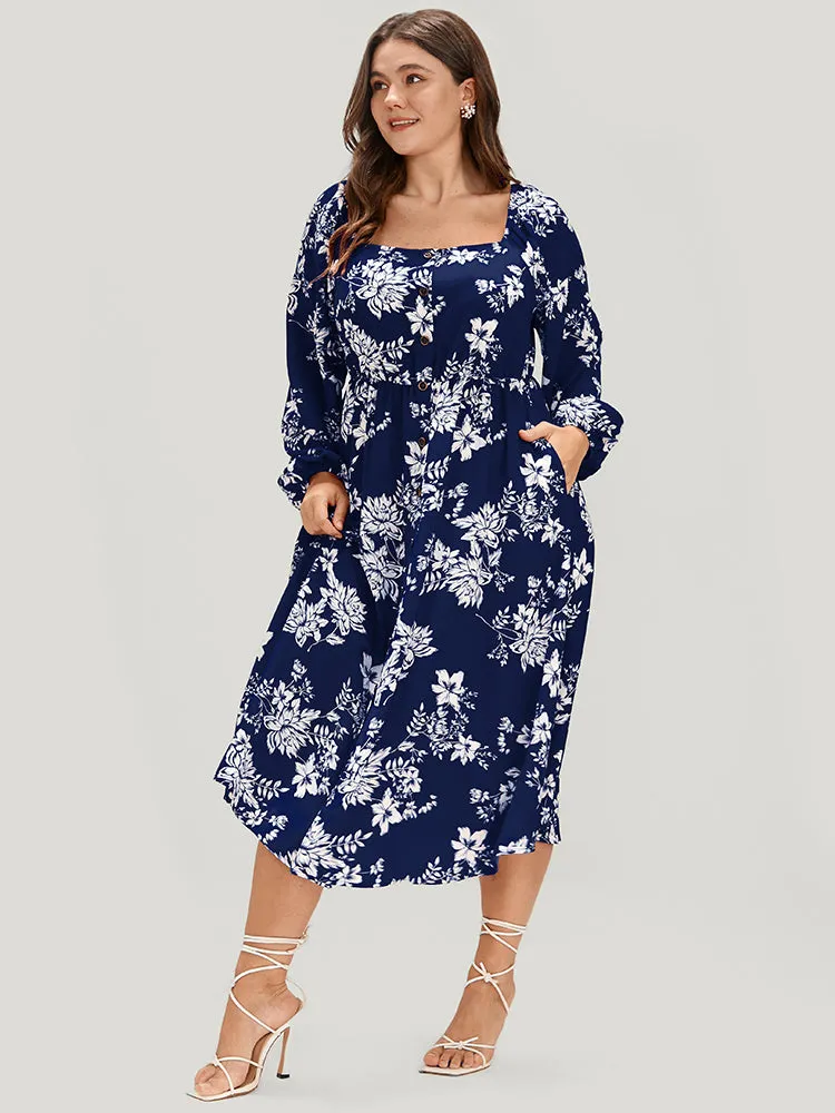 Floral Square Neck Lantern Sleeve Pocket Button Detail Dress sold by Bloomchic product image thumbnail 4