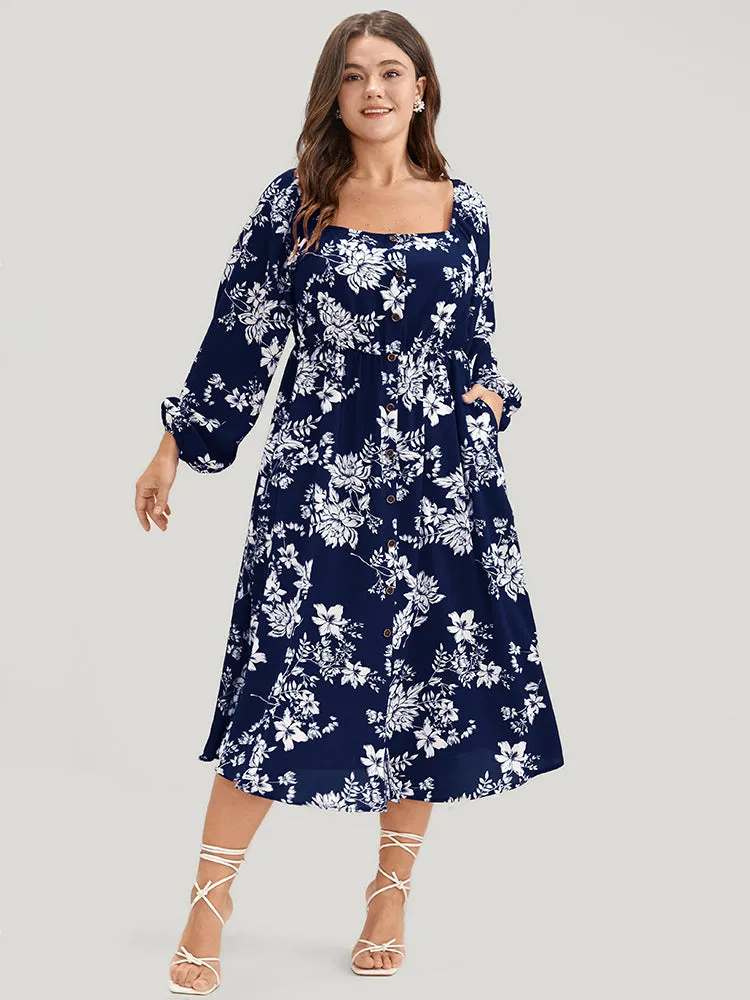 Floral Square Neck Lantern Sleeve Pocket Button Detail Dress sold by Bloomchic