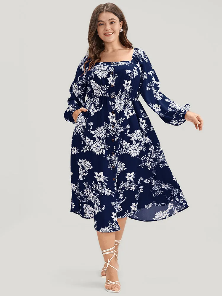 Floral Square Neck Lantern Sleeve Pocket Button Detail Dress sold by Bloomchic product image thumbnail 5