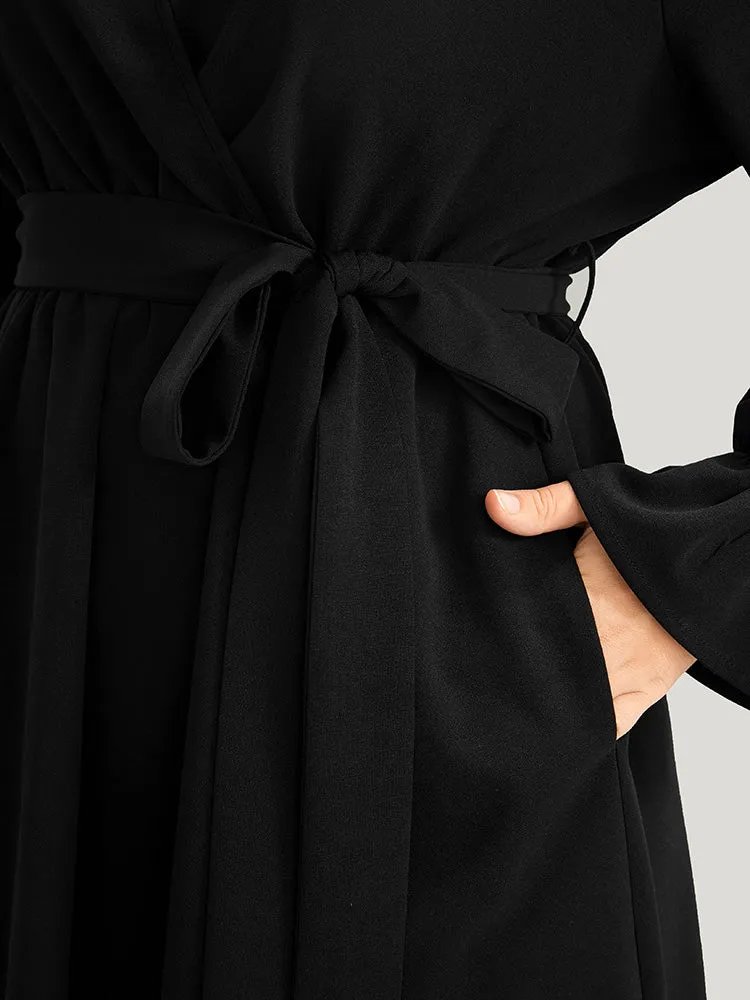 Solid Wrap Pocket Belted Laser Cut Knee Dress sold by Bloomchic product image thumbnail 5