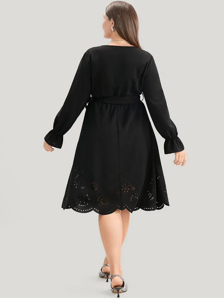 Solid Wrap Pocket Belted Laser Cut Knee Dress sold by Bloomchic product image thumbnail 2