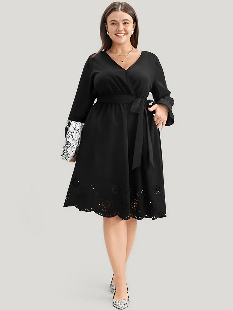 Solid Wrap Pocket Belted Laser Cut Knee Dress sold by Bloomchic product image thumbnail 4