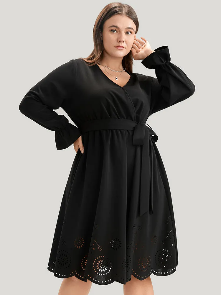 Solid Wrap Pocket Belted Laser Cut Knee Dress sold by Bloomchic