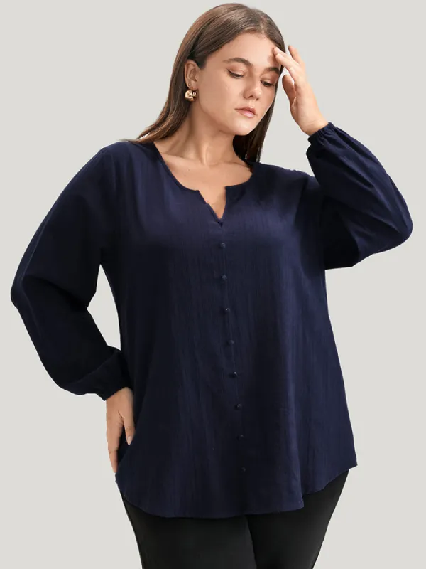 Solid Lantern Sleeve Button Detail Notched Blouse sold by Bloomchic