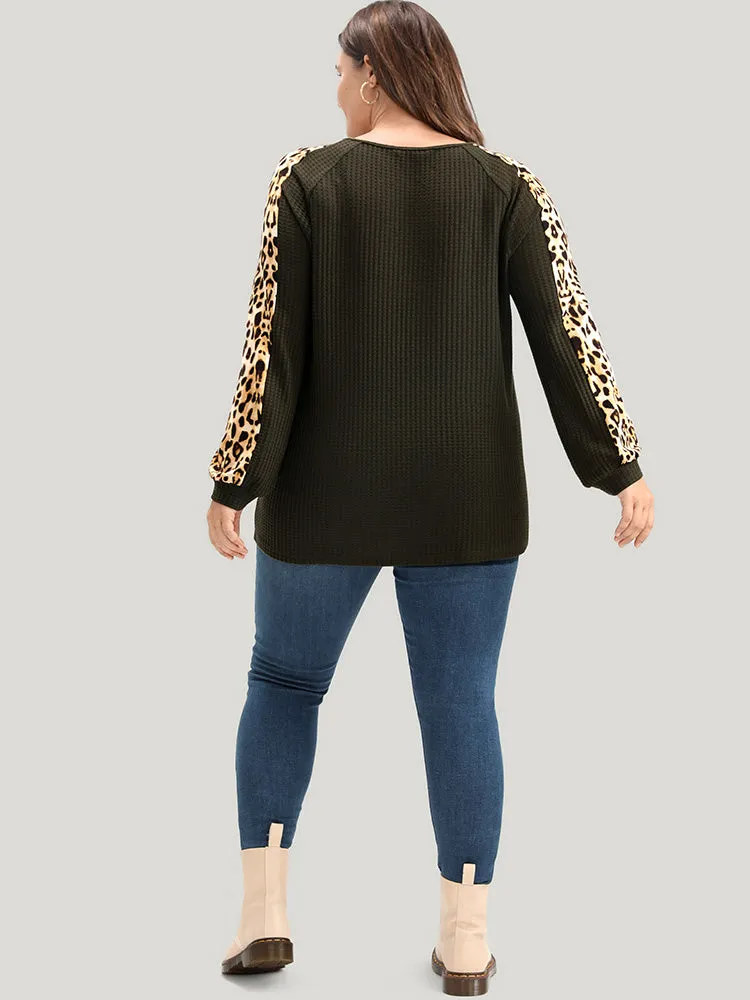 Leopard Patchwork Raglan Sleeve Waffle Knit Sweatshirt sold by Bloomchic product image thumbnail 5