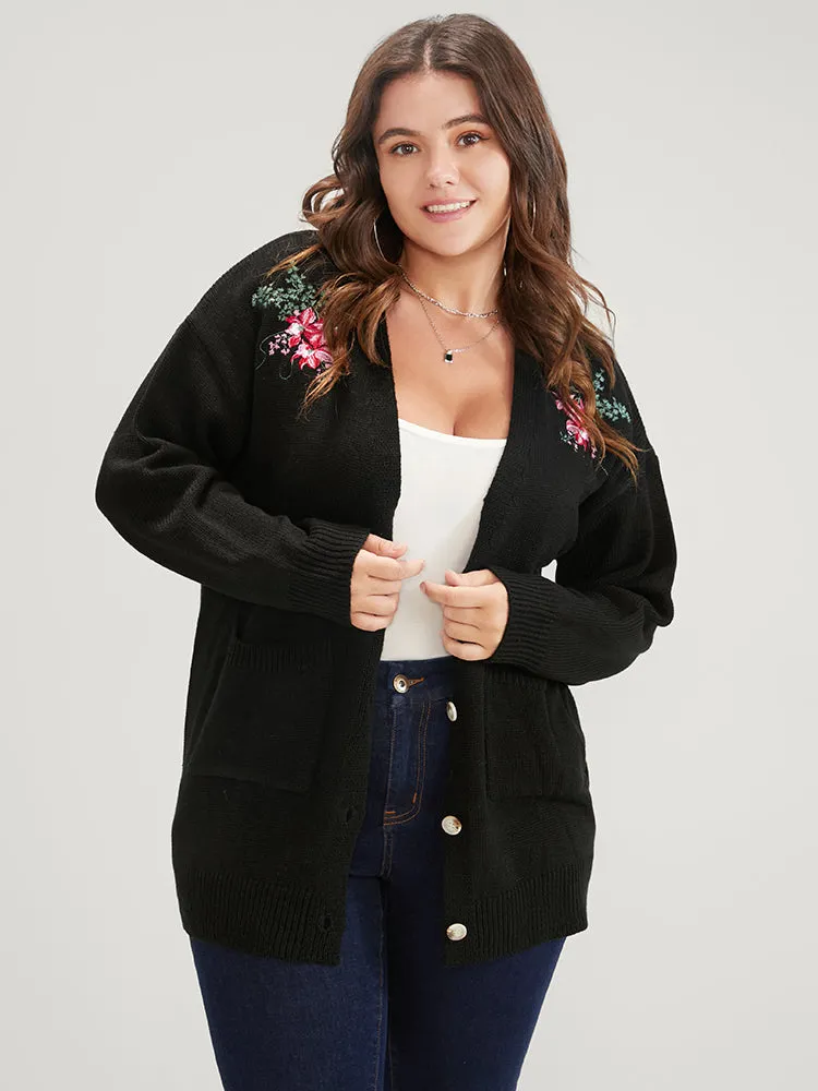 Floral Embroidered Pointelle Knit Pocket Button Front Cardigan sold by Bloomchic product image thumbnail 3