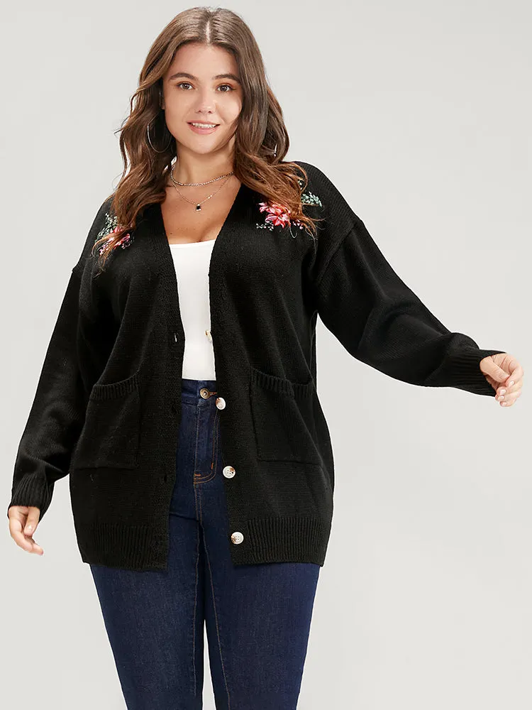 Floral Embroidered Pointelle Knit Pocket Button Front Cardigan sold by Bloomchic