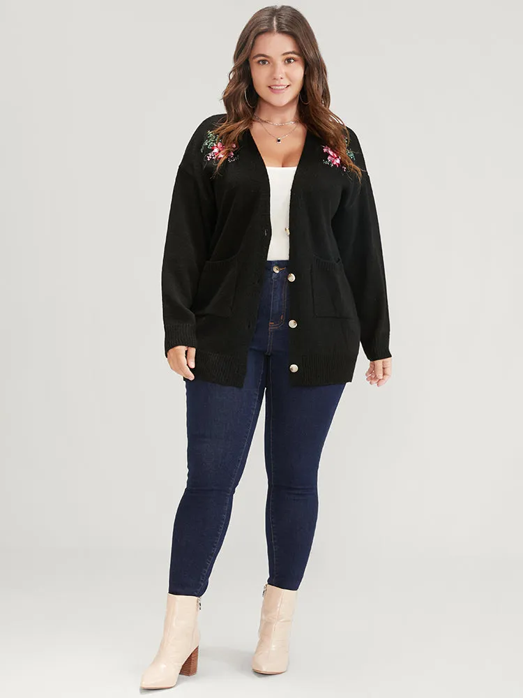 Floral Embroidered Pointelle Knit Pocket Button Front Cardigan sold by Bloomchic product image thumbnail 5