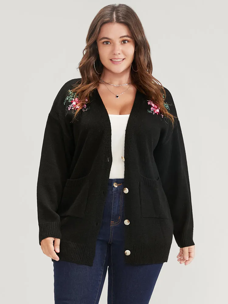 Floral Embroidered Pointelle Knit Pocket Button Front Cardigan sold by Bloomchic product image thumbnail 2