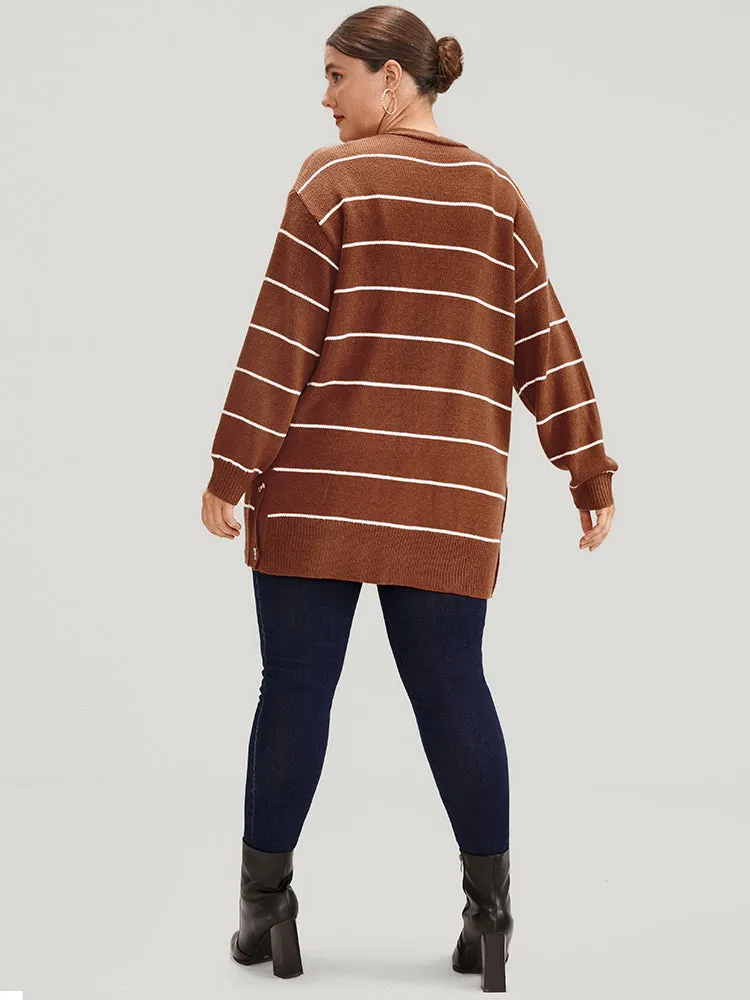 Striped Pointelle Knit Button Side Pocket Open Front Cardigan sold by Bloomchic product image thumbnail 5