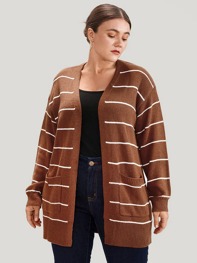 Striped Pointelle Knit Button Side Pocket Open Front Cardigan sold by Bloomchic product image thumbnail 3