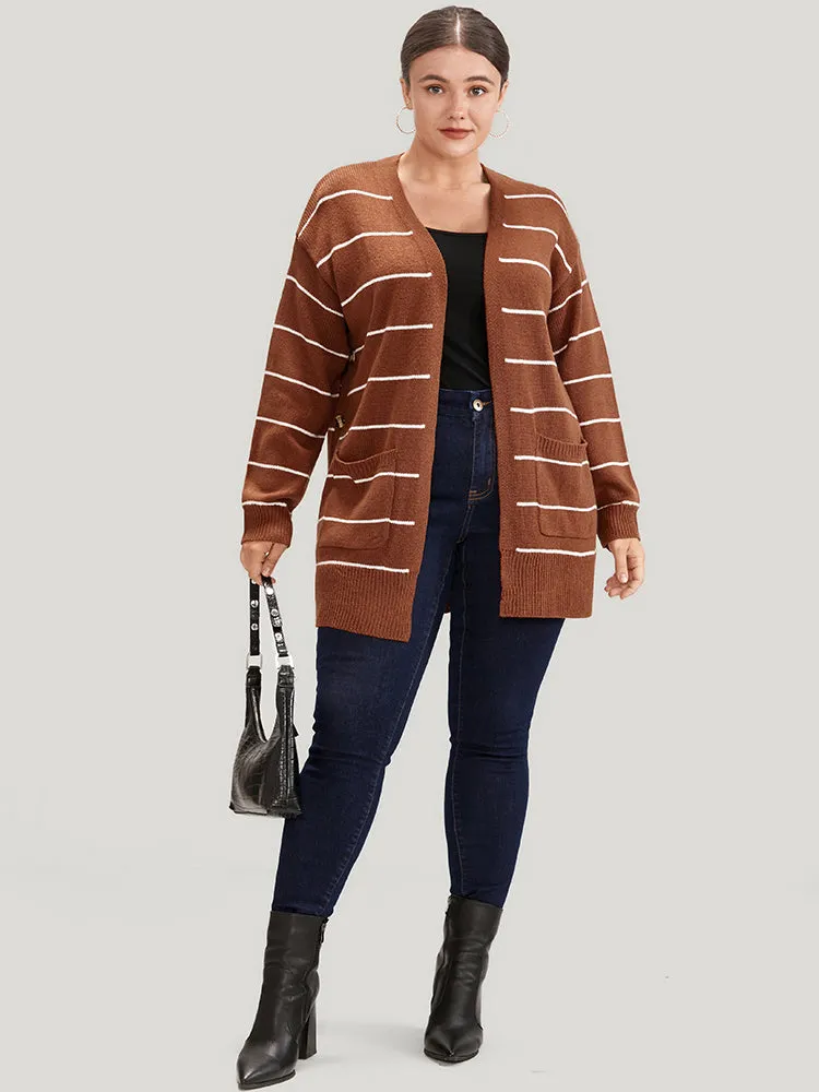 Striped Pointelle Knit Button Side Pocket Open Front Cardigan sold by Bloomchic product image thumbnail 4