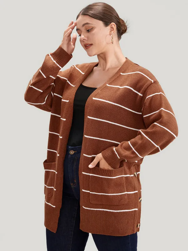 Striped Pointelle Knit Button Side Pocket Open Front Cardigan sold by Bloomchic