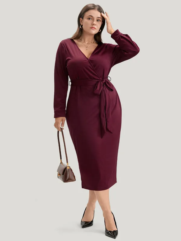 Solid Wrap Belted Lantern Sleeve Skinny Dress sold by Bloomchic