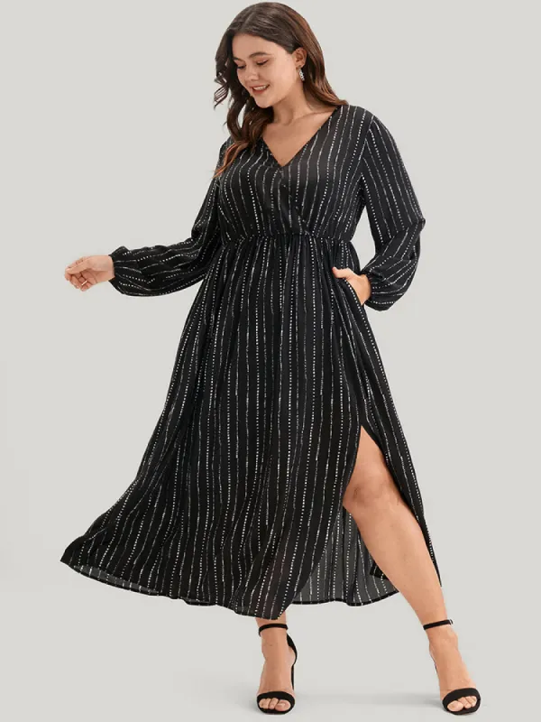 Striped Lantern Sleeve Pocket Split Wrap Midi Dress sold by Bloomchic